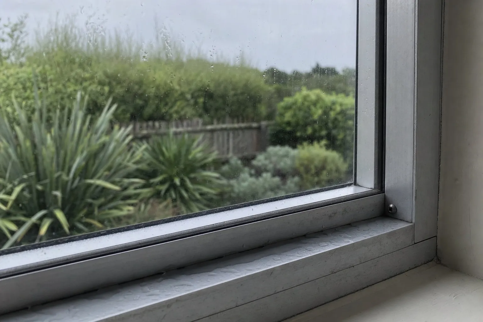 Illustrative photo: beads of rainwater sitting in the sill track of an older aluminium window.