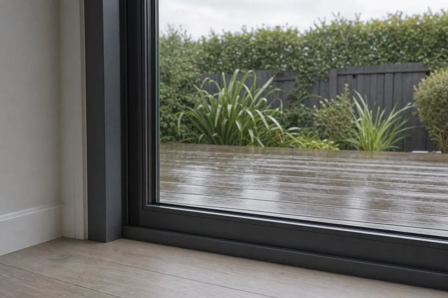 Illustrative photo: a dark aluminium door frame beside a fixed pane that runs down close to the floor.
