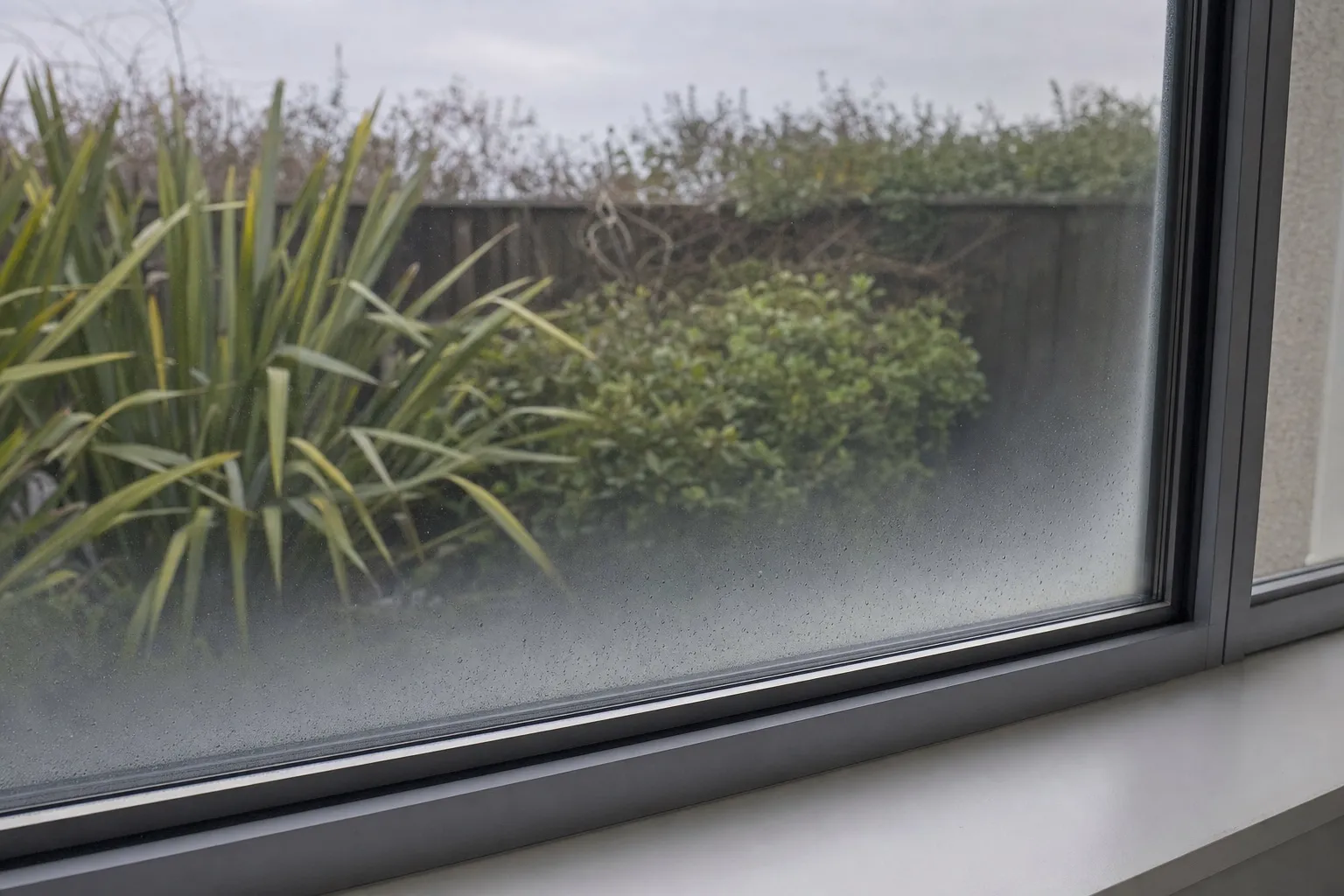 Illustrative photo: a haze of misting across the lower part of a double glazed pane.