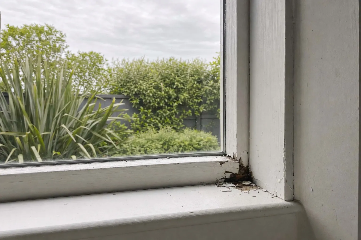 Illustrative photo: paint lifting and timber gone soft in the bottom corner of an old window sill.