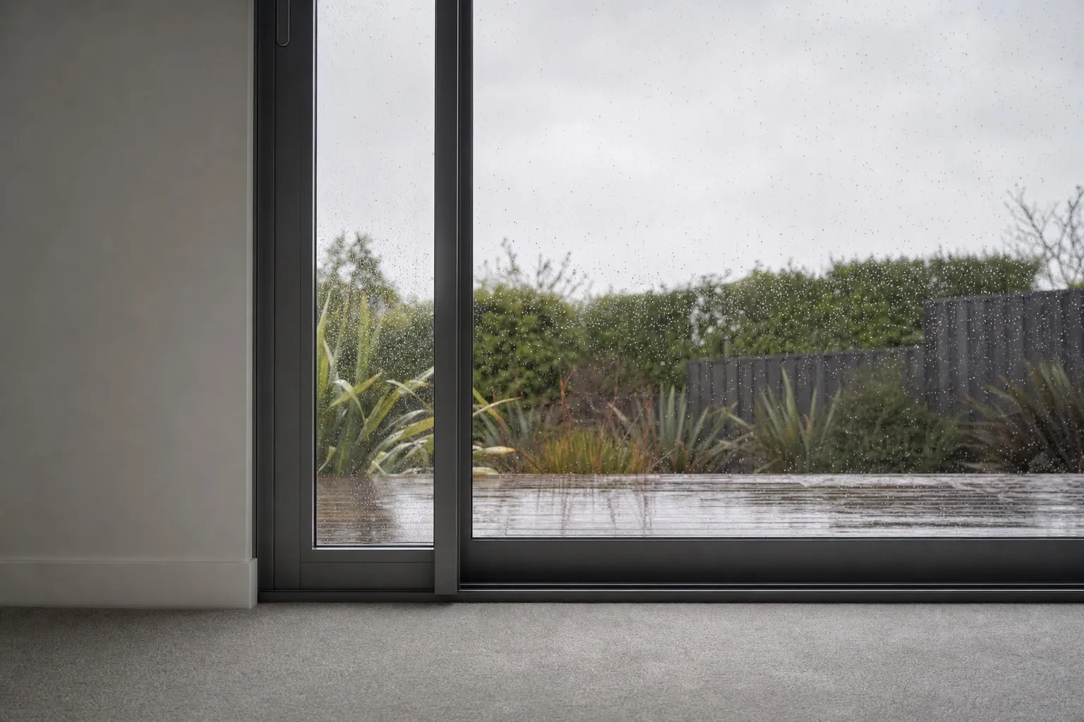 Illustrative photo: the edge of an aluminium sliding door meeting a fixed pane, rain on the glass and a wet deck beyond.