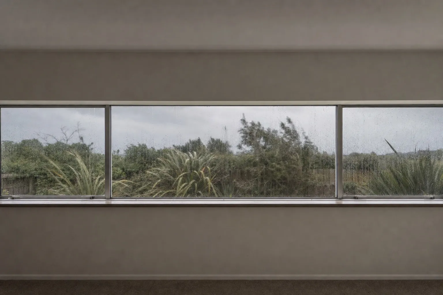 Illustrative photo: a slim aluminium window from inside after a storm, rain on the glass and water standing along the sill.
