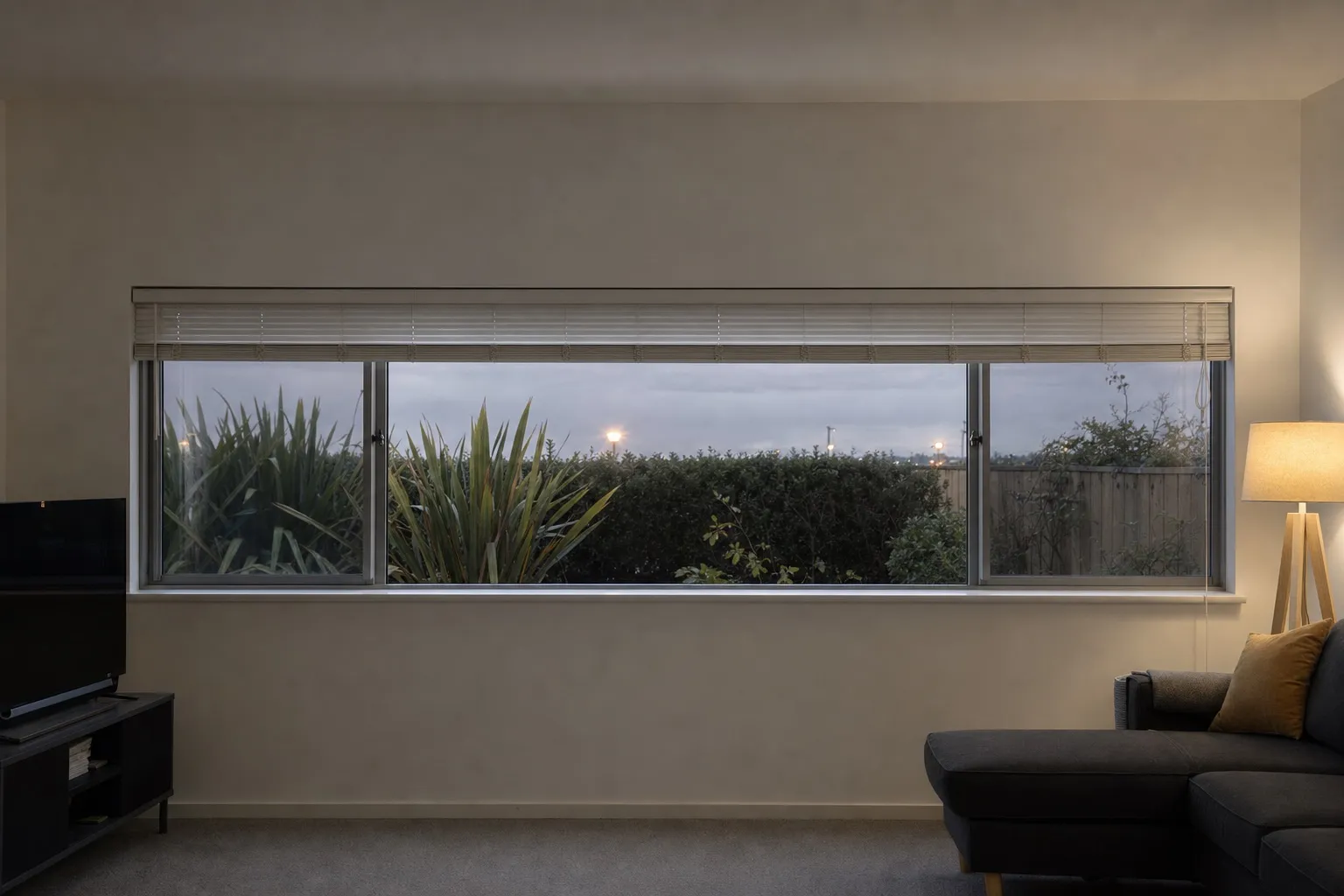 Illustrative photo: an apartment window at dusk with the blind half lowered and a lamp lit inside.