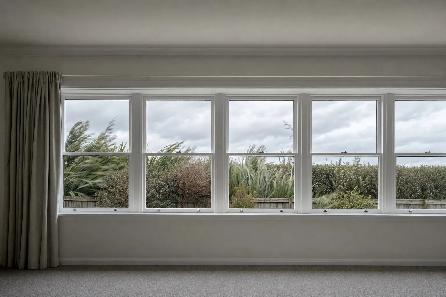 Illustrative photo: a run of painted timber sash windows seen from inside on a windy grey day, flax bending outside while the curtain hangs still.