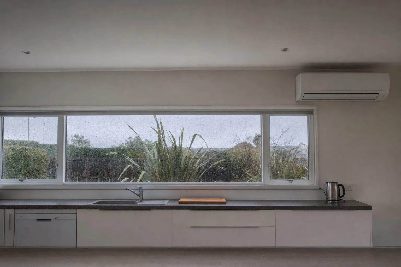 Illustrative photo: a kitchen window on a rainy day, with a heat pump high on the wall nearby.