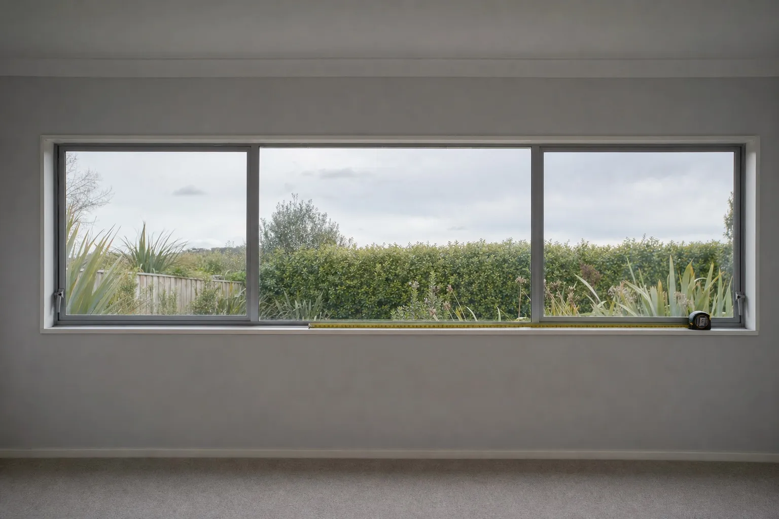 Illustrative photo: a plain bedroom window with a steel tape measure lying along the sill.