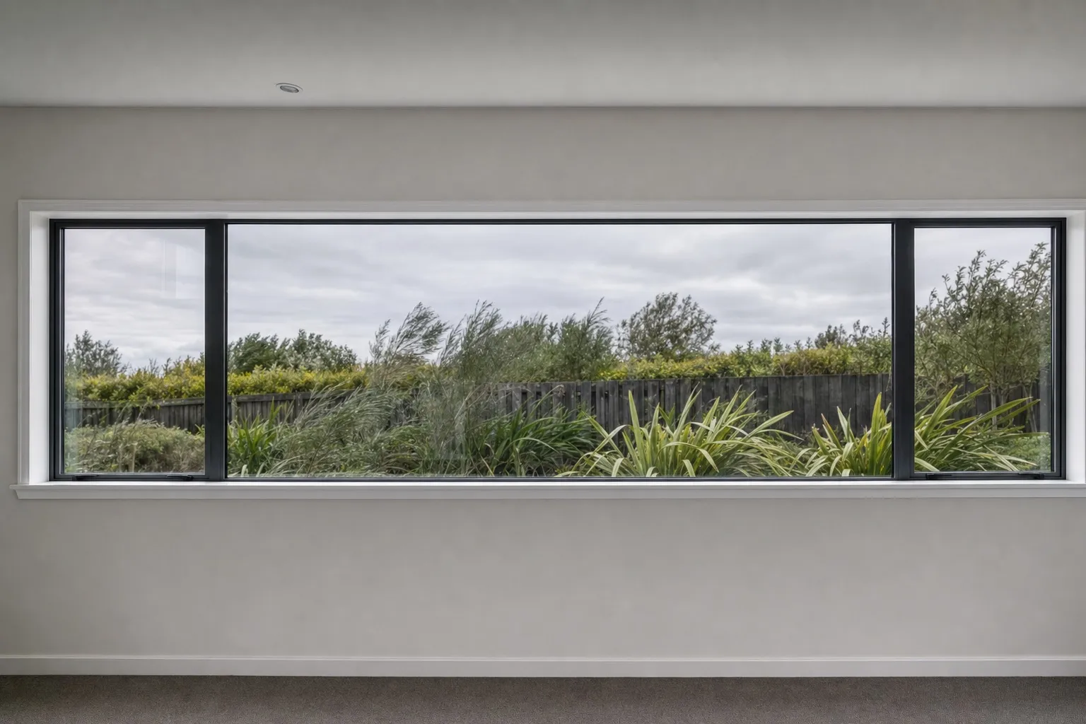 Illustrative photo: a new dark aluminium window seen from inside, with freshly painted trim and sill.