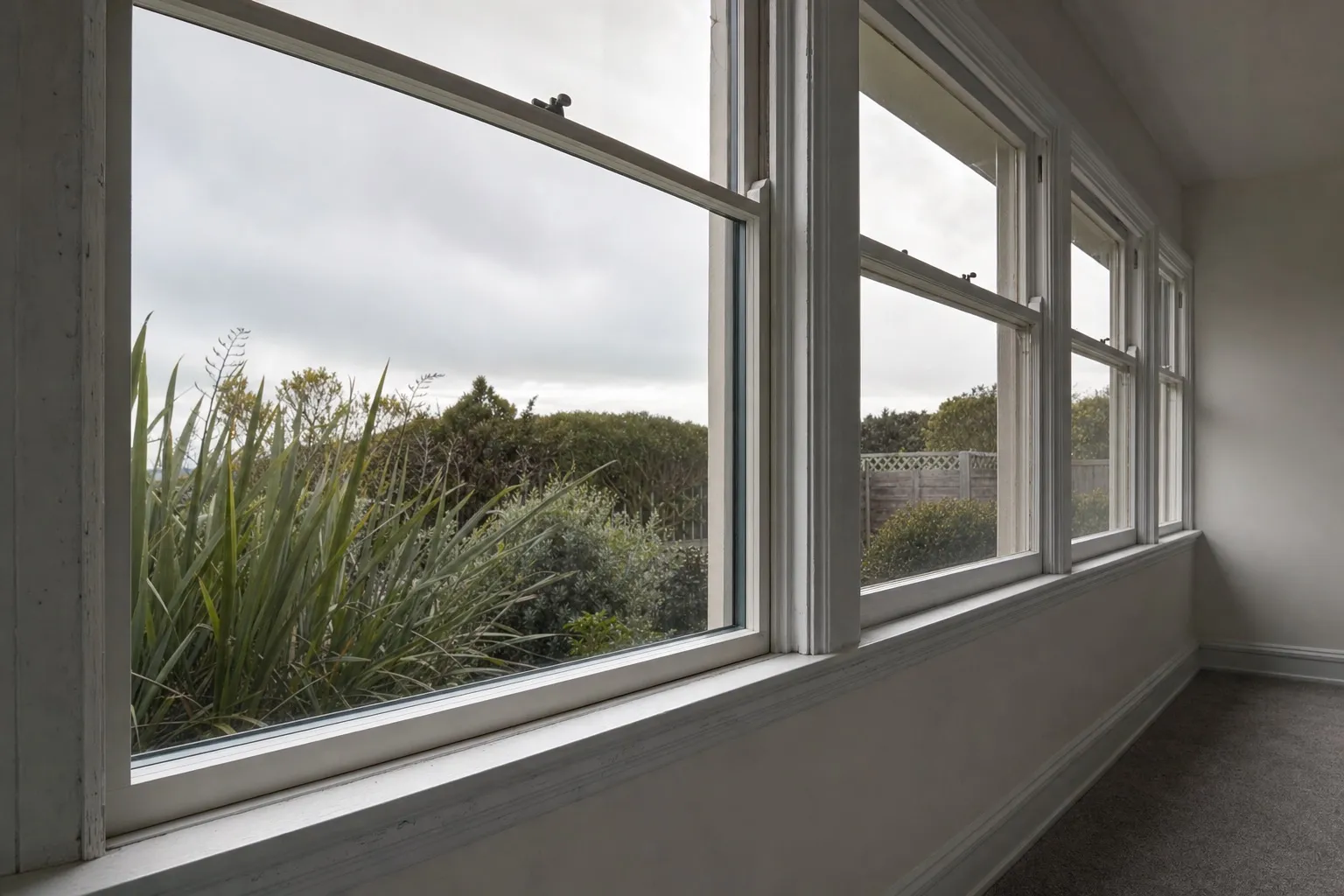 Illustrative photo: old painted timber sash windows seen along a deep painted sill from inside.