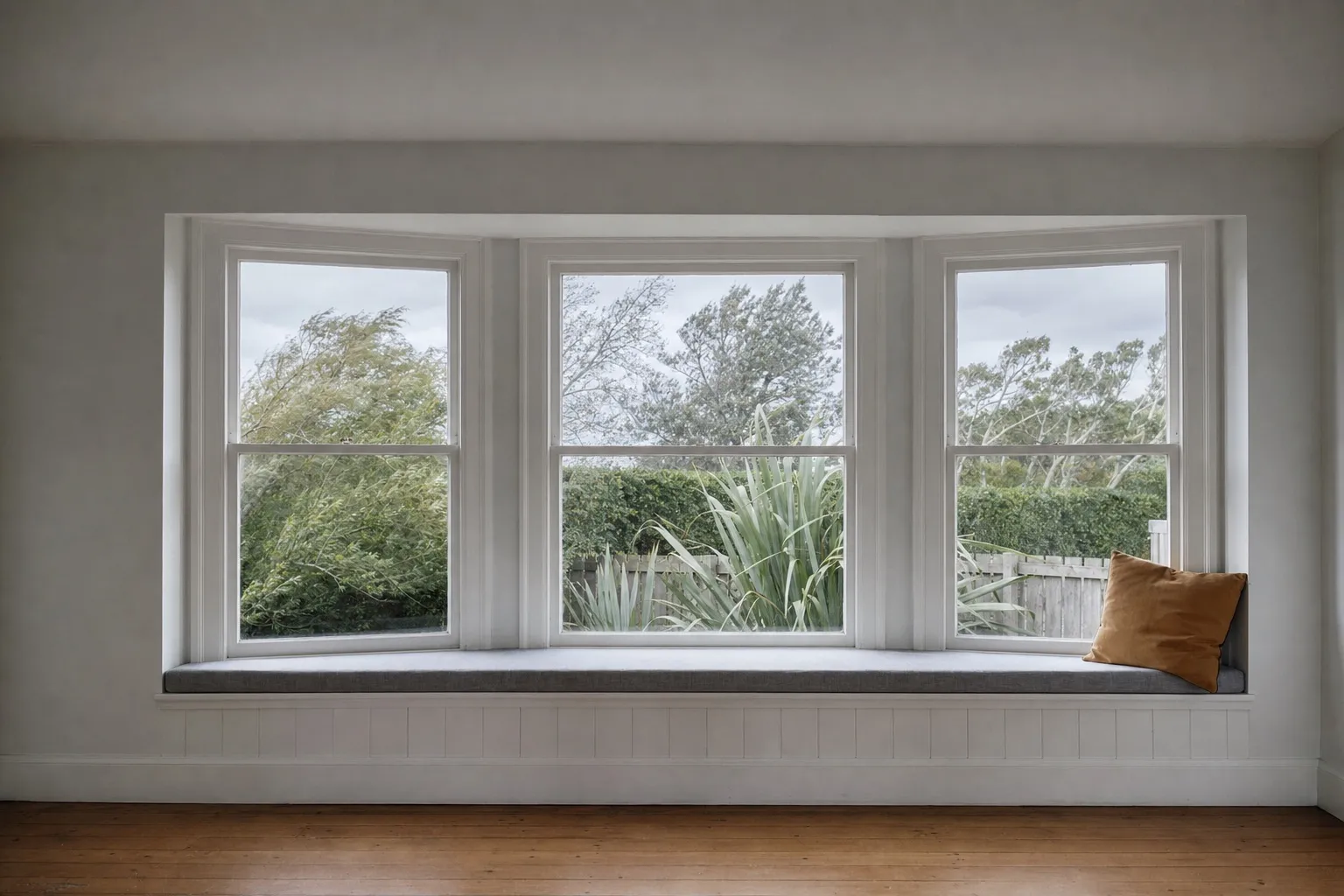 Illustrative photo: a bay of painted timber sash windows with a window seat, shrubs moving in the wind outside.