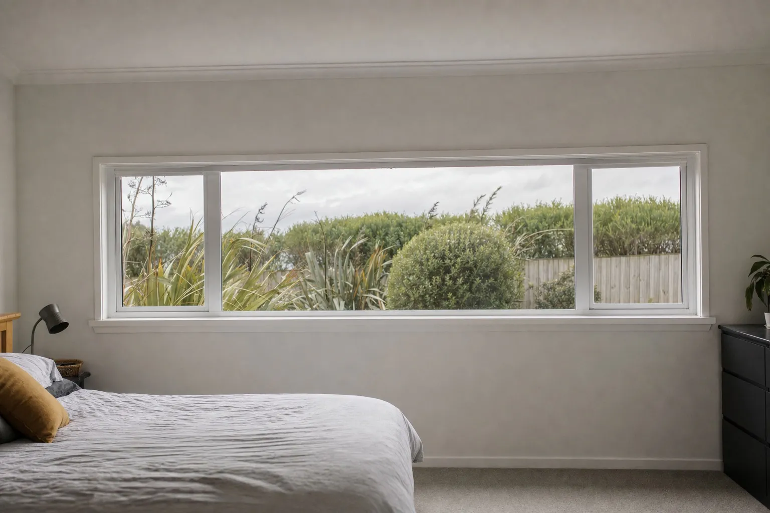 Illustrative photo: a white uPVC window in a plain bedroom, with a hedge outside.
